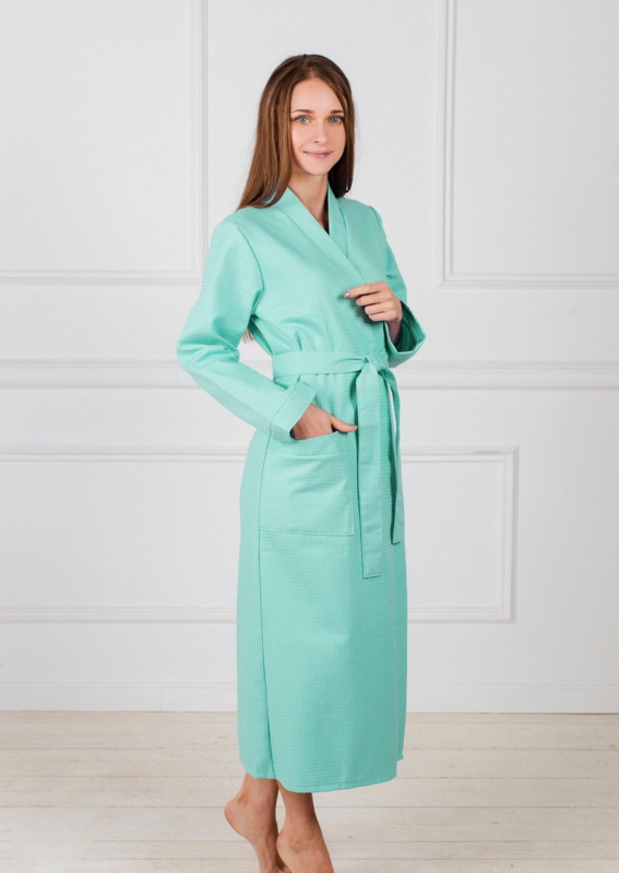 Женский вафельный халат с планкой (Мятный)